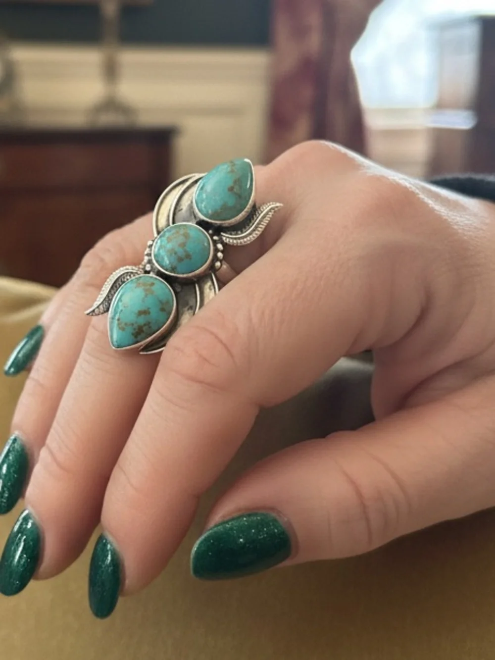 Genuine Turquoise Stone Sterling Silver statement ring- Blue Green Teardrop Trio